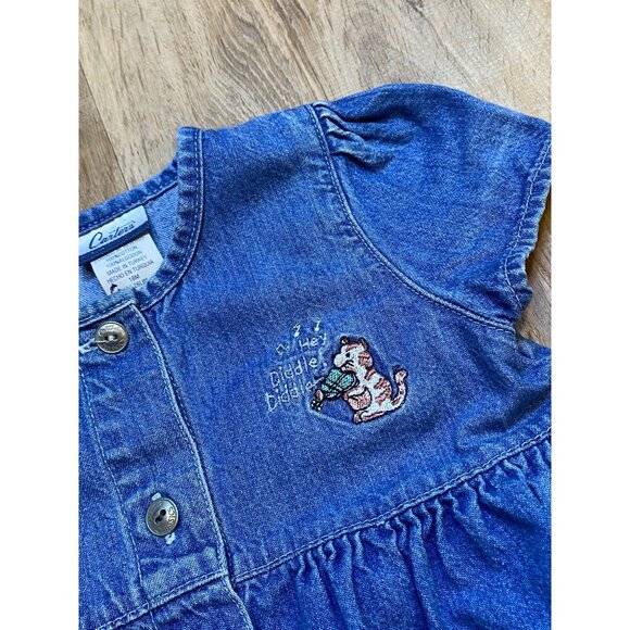 90s Carters Blue Denim Button-Up Dress W/ Hey Diddle Diddle Cat Embroidery 18 Mo - Picture 3 of 6